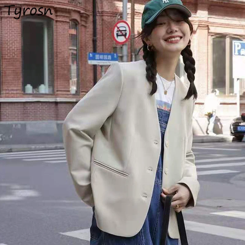 

Blazers Women Solid Slimming All-match Design V-neck Chic Daily Korean Fashion Students Streetwear Spring Long Sleeve Outerwear
