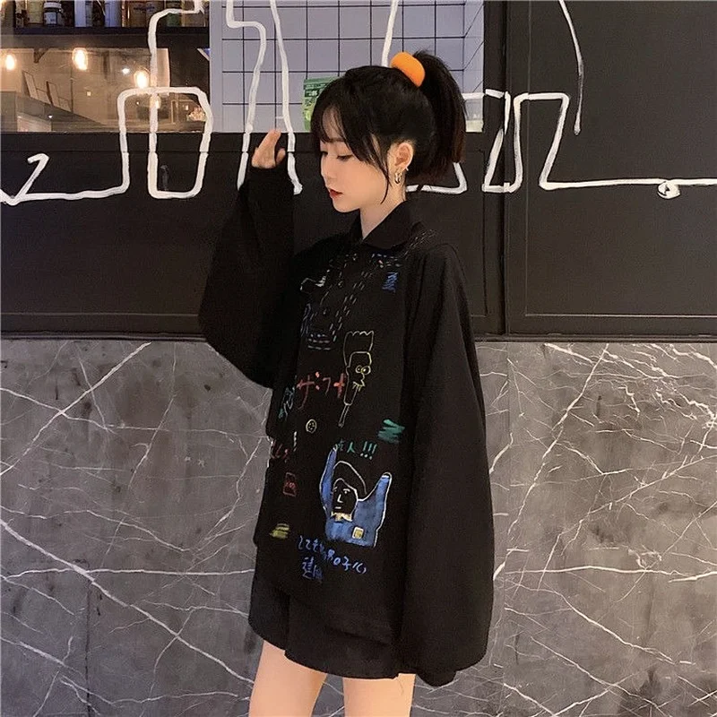 

Sweatshirts Women Turn-down Collar Printing Cartoon Harajuku Streetwear Fashion Baggy No Hat Hoodies Student Cute Chic BF Spring