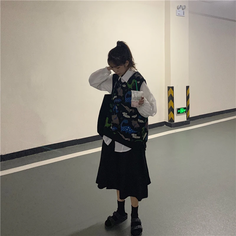 Woherb Женский вязаный жилет с v-образным вырезом Harajuku Kawaii с рисунком динозавра Женский Повседневный безрукавный вязаный жилет