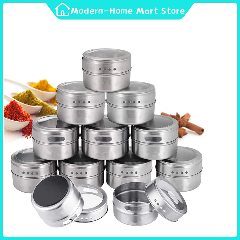 

Magnetic Seasoning Pot Visible Stainless Steel Spice Jars With Wall Mounted Rack Dustproof Barbecue Seasoning Pot Set Container