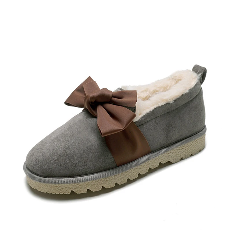 

Women Flats Shoes Winter Snow Boots Warm Plush Slip On New Female Bowknot Fashion Non Slip Casual Shoe Loafers Fur Ladies