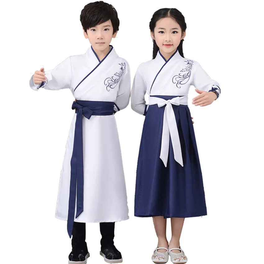 Древний Hanfu детский танцевальный костюм для взрослых, народное платье для девочек и мальчиков, традиционная китайская одежда, стильные праздничные наряды, нарядная сцена