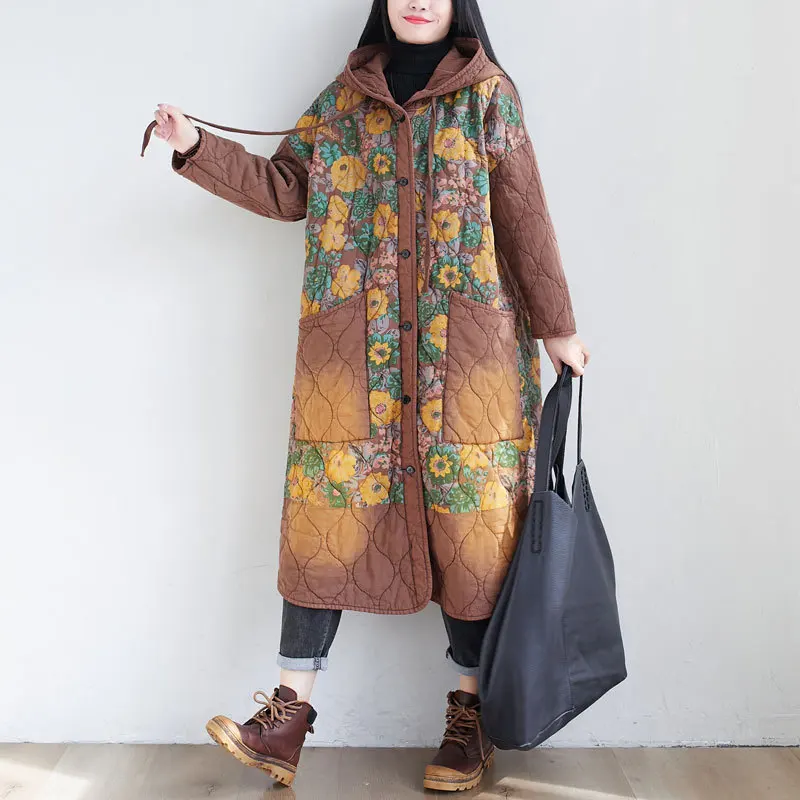 

2020 Winter Thick Cotton Padded Jacket With Large Size Loose And Casual Single Breasted Warm Coat For Women Flower Printing