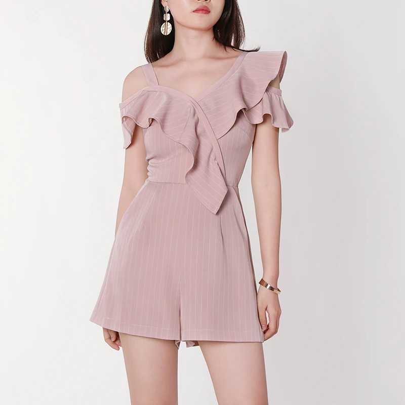 Женский цельный комбинезон с открытыми плечами неровный оборками бодикон