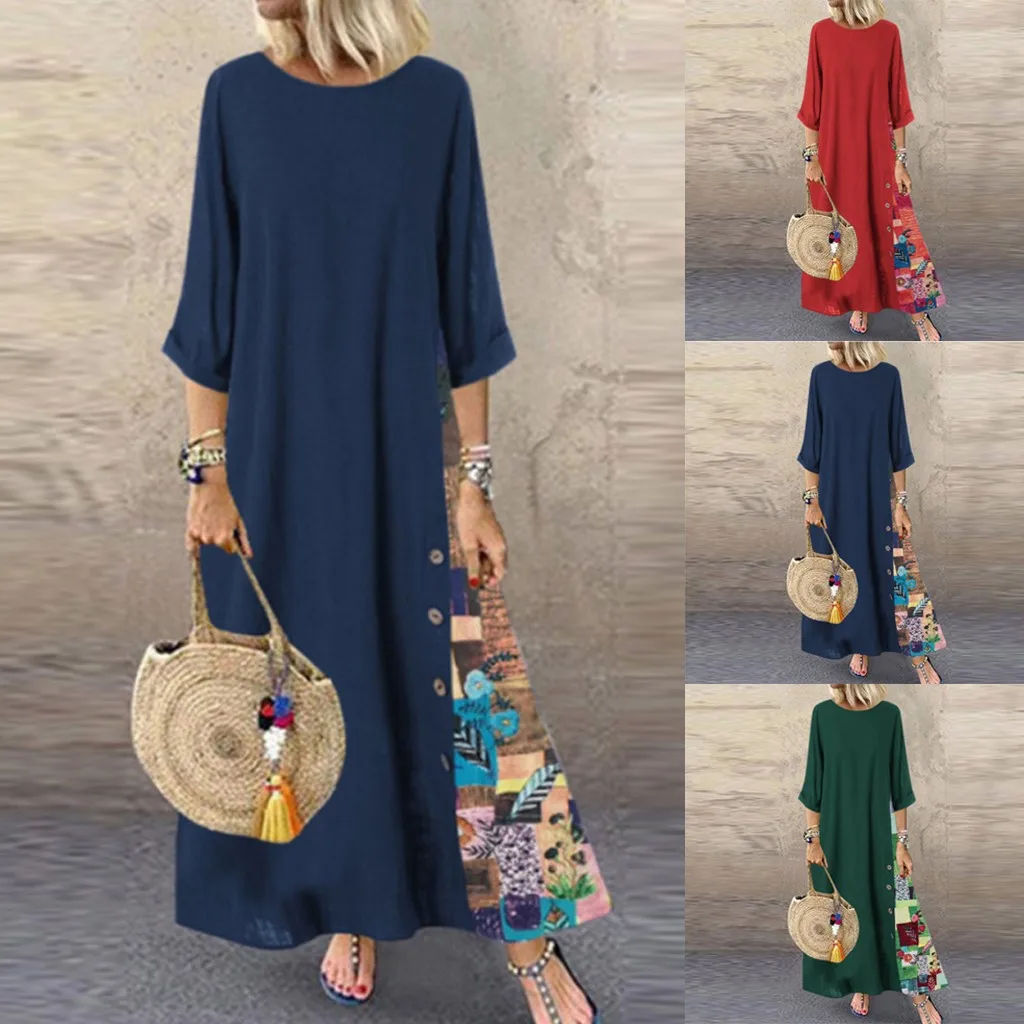 Женское повседневное длинное платье бохо с принтом длинным рукавом пуговицами и
