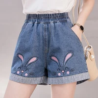 2021 summer casual elastic waist ladies denim shorts female loose oversized women rabbit embroidery shorts jeans girls kawaii