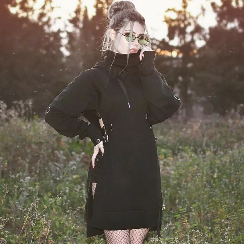 Женские черные длинные толстовки в готическом стиле на осень и зиму с длинным