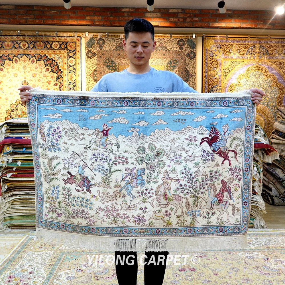 Yilong 2 5 'x 4' Восточный шелковый ковер охотничий дизайн изысканный персидский с