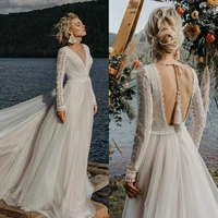 boho beach tulle wedding dress lace full sleeves backless deep v neck sexy long a line pastrol bride gown 2022 bridal dresses