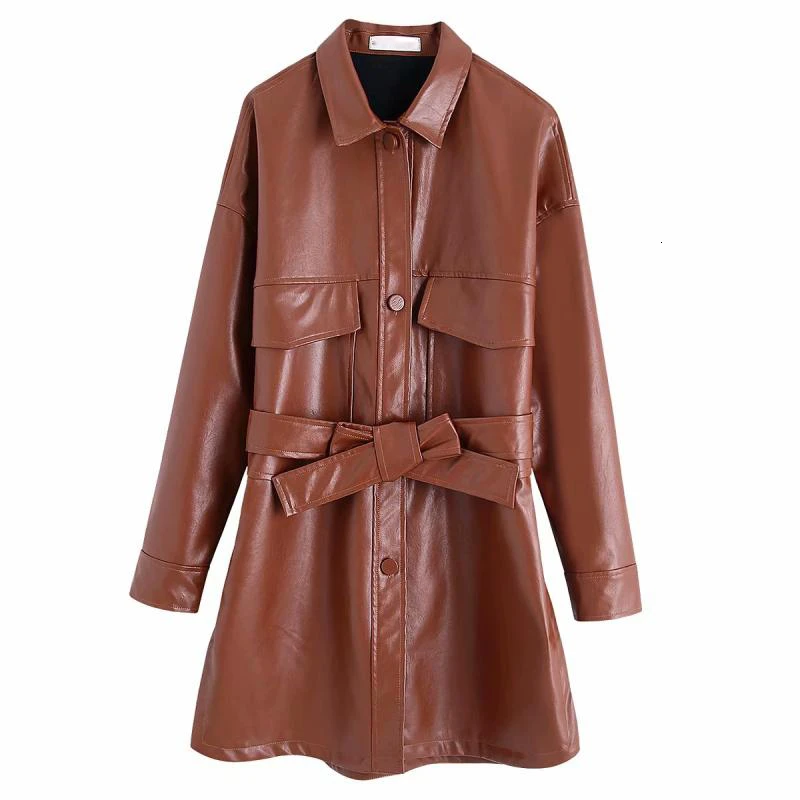 

SeeBeautiful New Fashion Spring 2021 Shirt Type Lapel Long Sleeve Single Breasted Belt Pockets PU Leather Loose Dress Woman Q708