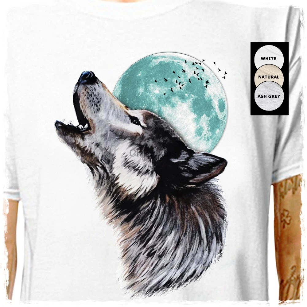 Воющий в Луну серый волк .. Футболка из 100% хлопка с изображением диких животных