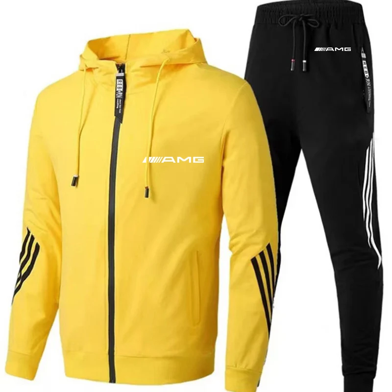 

Men's 2021 AMG Zipper Tracksuit Set Two Pieces Male Sportswear Zipper Hoodie+Pants Sport Suits Casual Sweatshirts