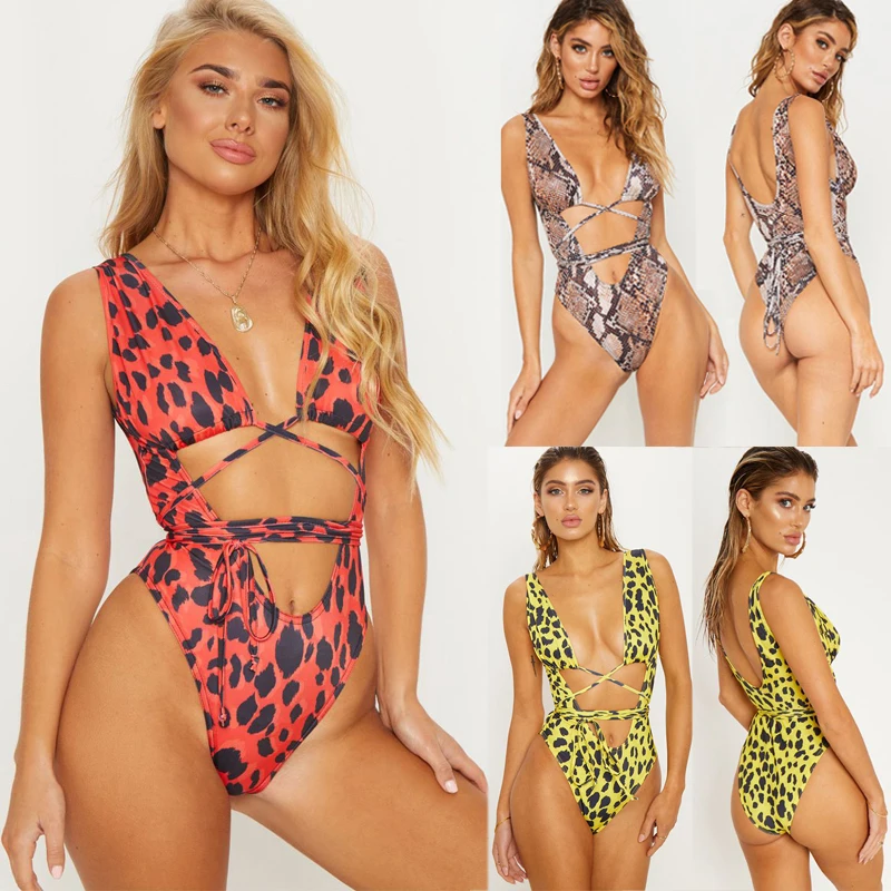 

Sexy Women Serpentine Leopard Printed Monokini Bandage Bathing Suit Push Up Padded Bikini Swimwear 2021 Newly