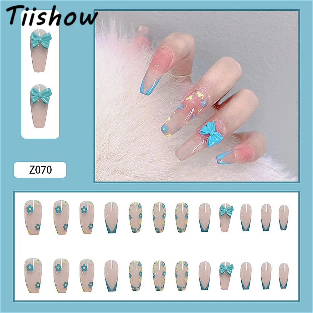 

Tiishow 24pcs Blue Yellow Mini Flower Decor Fake Nails Tips Acrylic Bow Detachable Full Cover False Nails Set DIY Manicure Tools