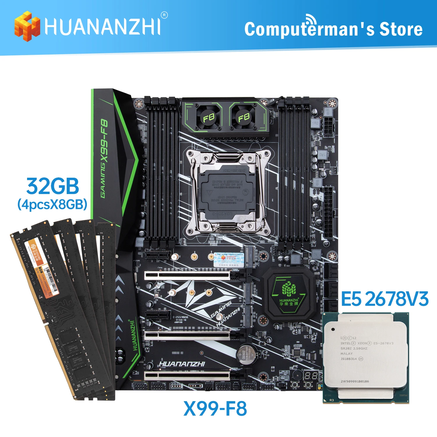 HUANANZHI-Conjunto de placa base X99 F8 X99, CPU Intel XEON E5 2678 V3, Memoria 4x8G DDR4 NON-ECC 2400, Memoria M.2 NVME, USB ATX
