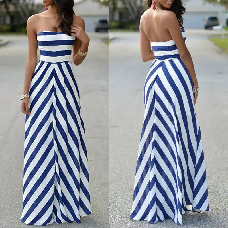 

Striped Women Sexy Summer Maxi Long Dress Strapless Elegant Evening Party Beachwear Dress Holiday Casual Sundress