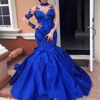 Прозрачное атласное платье-Русалка abiye, ярко-синие вечерние платья, с высоким воротом, длинными рукавами, бисером, вечернее платье с кружевной аппликацией, для выпускного вечера, размера плюс