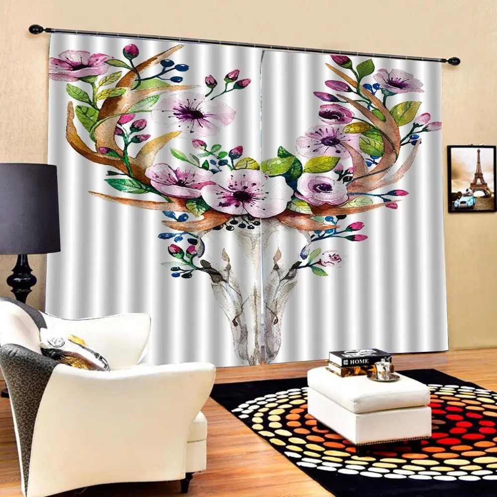 Фото на заказ яркий олень череп занавес цветы Олень голова с винтажным цветочным