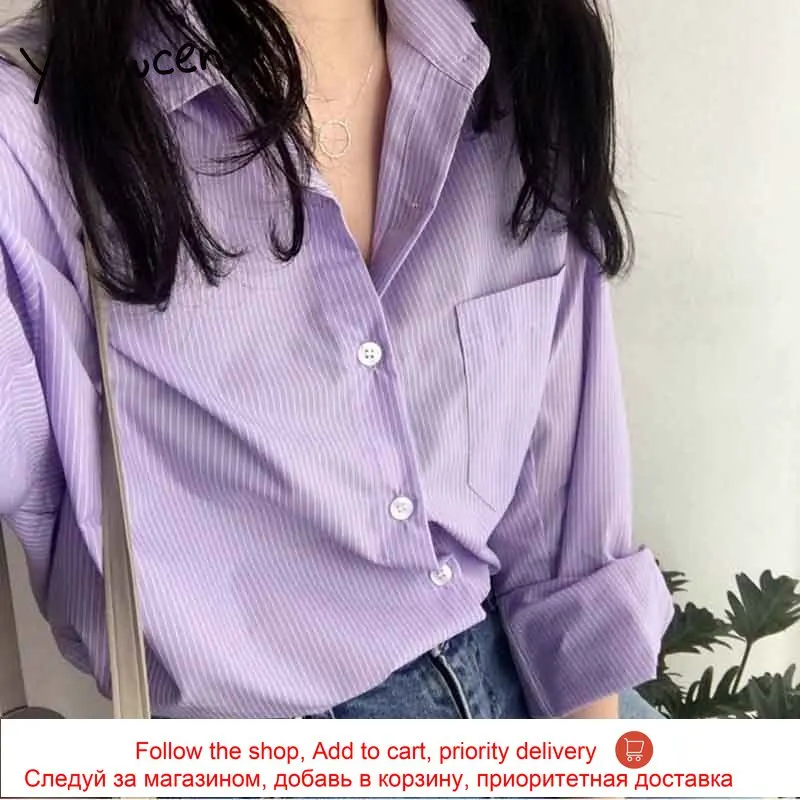 

Yitimuceng Striped Blouse Women Plus Size Oversize Office Lady Shirts Long Sleeve Light Purple 2021 Summer Korean Fashion Tops