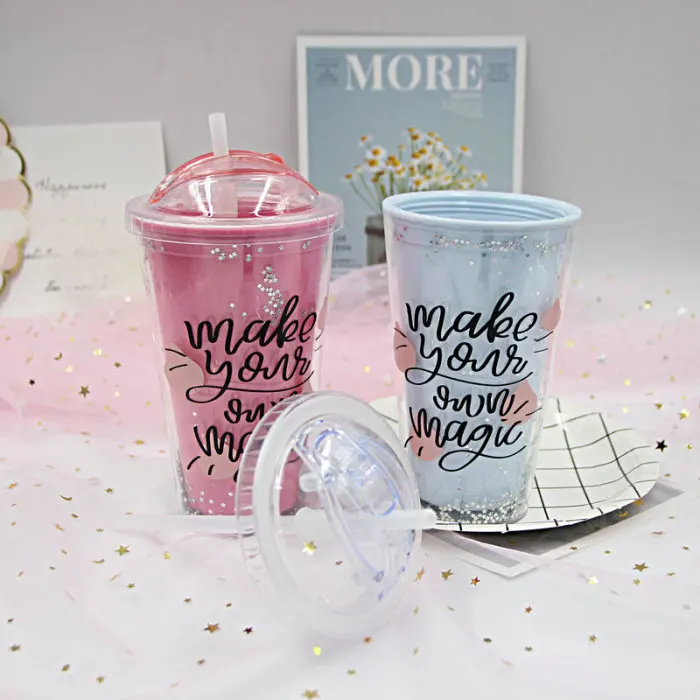 Hot Plastic Portable Hand-held Double Straw Cup Double Layer Student Water Cup L99