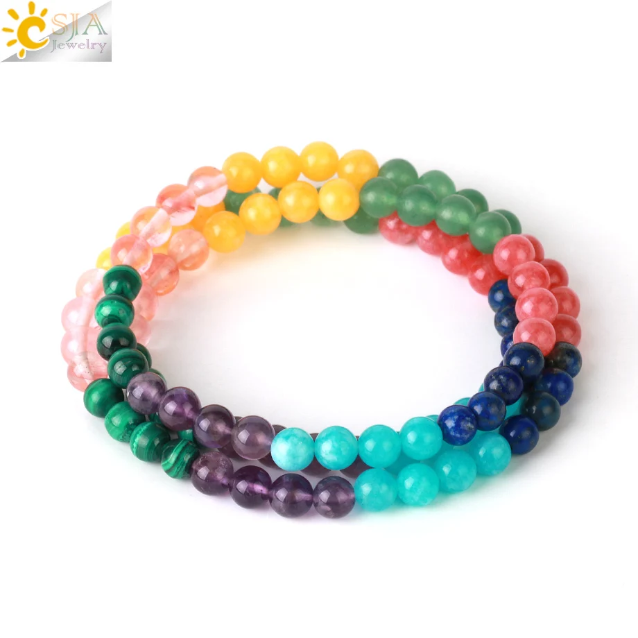 

CSJA Natural Stone Wrap Bracelet Citrines Amethysts Chakra 6 mm Energy Bracelets for Women Multi Strands Fashion Jewelry G830