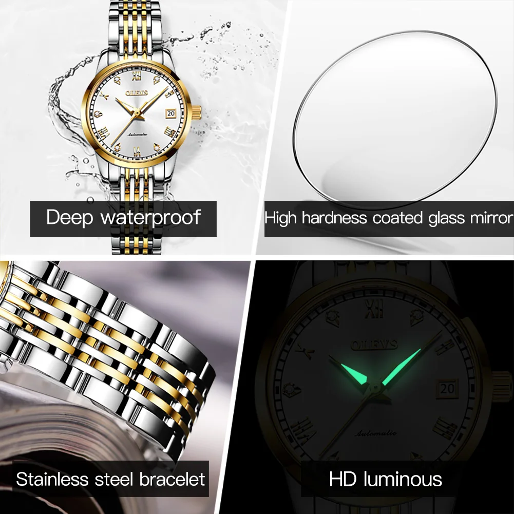 

Olevs Dial Automatic Mechanical Women Watches Stainless Steel Dress Wrist Watch Waterproof Luminous Pointer Calendar Watches