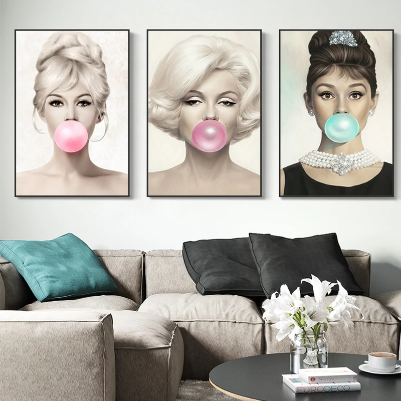 Настенная картина Одри Хепберн с изображением жвачки и звезд скандинавский