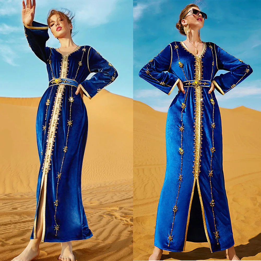 Vestido de noche de caftán marroquí con diamantes de imitación para mujer, vestidos de fiesta árabes de terciopelo musulmán, Abayas de Dubai, Turquía, Ramadán Islámico