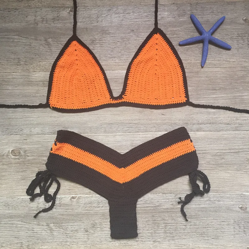 Вязаный крючком комплект бикини бандо с высокой талией купальник женский из двух