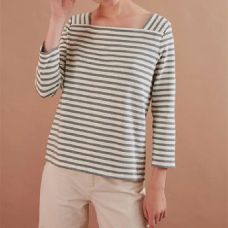 Женская футболка 2020 Весенняя новая серо-синяя полосатая с квадратным вырезом и