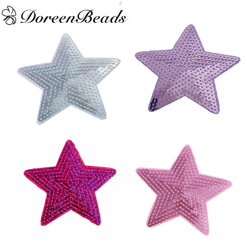 DoreenBeads 3 шт. полиэстер патчи Аппликации DIY Скрапбукинг Ремесло пентаграмма Звезда фиолетовый фуксия серебро розовый блестки 9 см x 9 см
