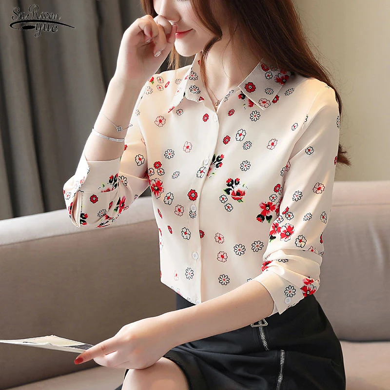 

2021 Turn-down Collar Tops Fashion Autumn Casual Printed Long Sleeve Chiffon Blouses Women Shirts Blusas Mujer De Moda 6198 50