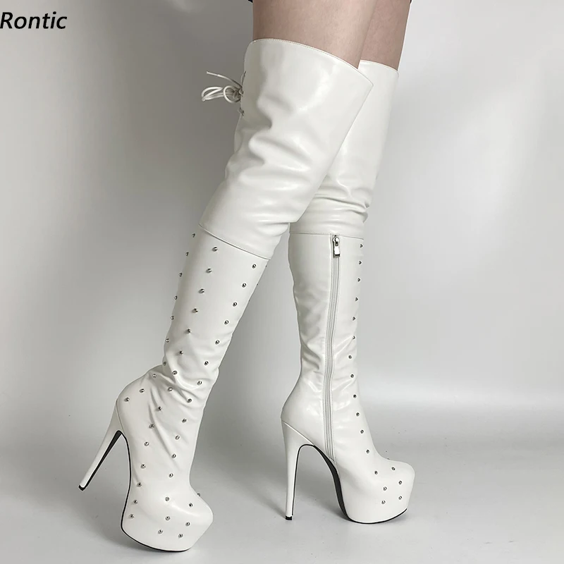 

Rontic Women Winter Thigh Boots PU Matt Sexy Studs Side Zipper Stiletto Heels Round Toe Black Night Club Shoes US Size 5-20