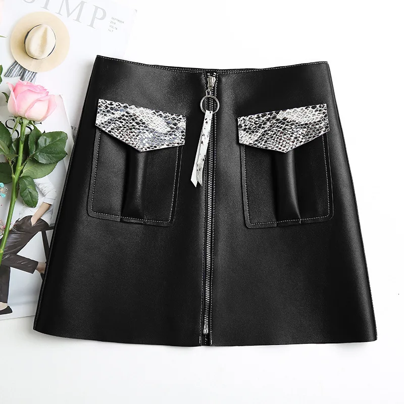 

Womens Genuine Leather Skirt Hot Sexy Real Sheepskin High Waist Snake Print Pocket Mini Short Runway Designer Women Miniskirt