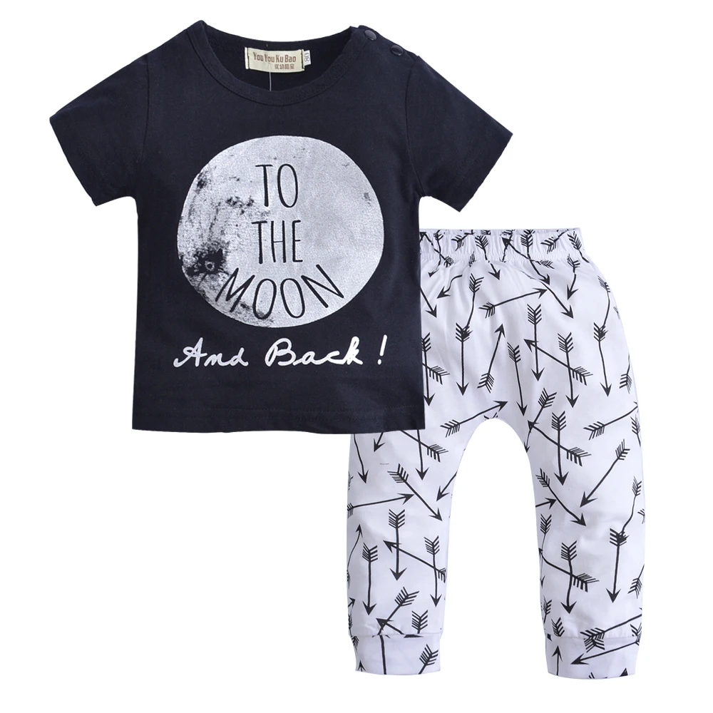 2pcs Newborn Baby Boys Girl Clothes Set Letter TO THE MOON Outfit Short Sleeves Tops T-shirt Arrow Pants Baby Boy Clothing Set