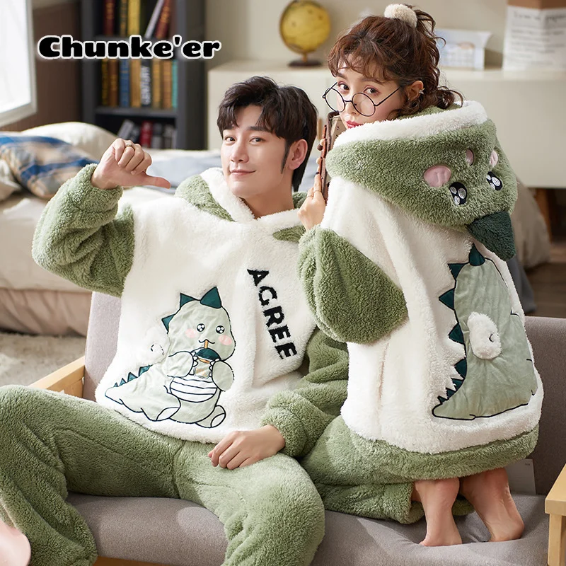 Coral Velvet Couple Pajamas Women's Winter Long Sleeves Plush Thickened Warm Flannel Men's Pajamas Home Clothes Can Be Worn