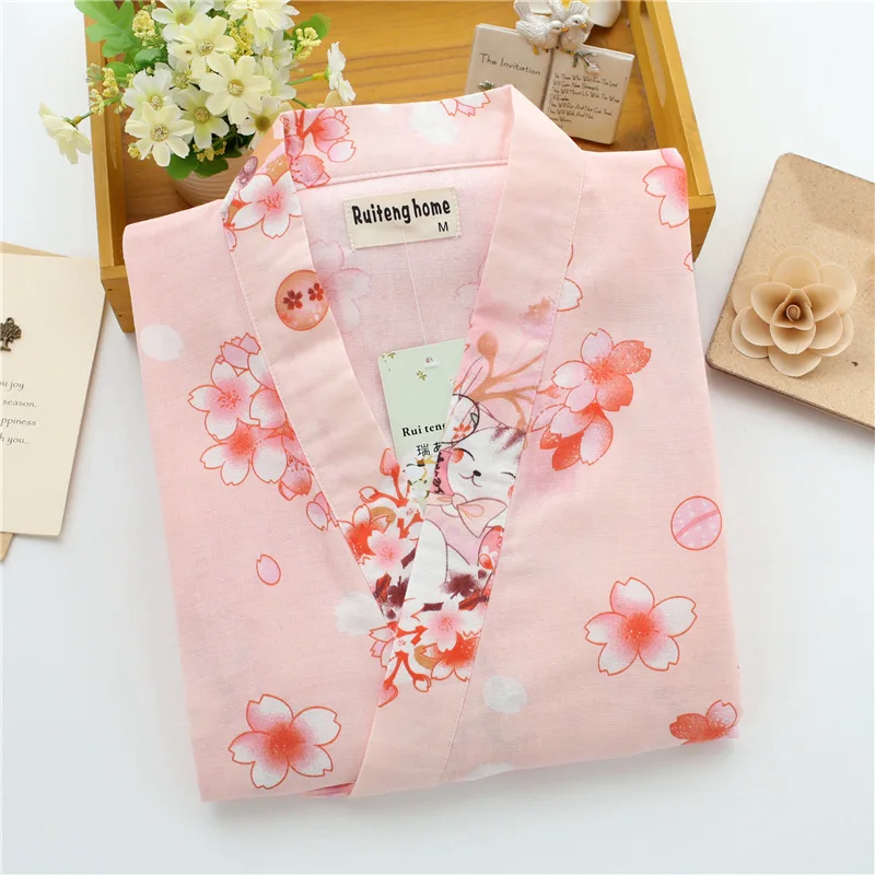 

Japan Kimonos Lovely Flowers Pure Cotton Women Pajamas Set Kimono Mujer Homewear Ropa Loose Bathrobe Yukata Japanese Traditional
