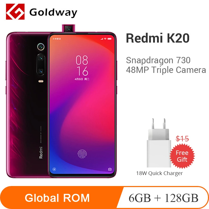 Смартфон Xiaomi Redmi K20 с глобальной прошивкой, 6 ГБ, 128 ГБ, Snapdragon 730, 6,39 дюйма, 48мп, тройная фронтальная всплывающая камера, 4000 мАч, мобильный телефон