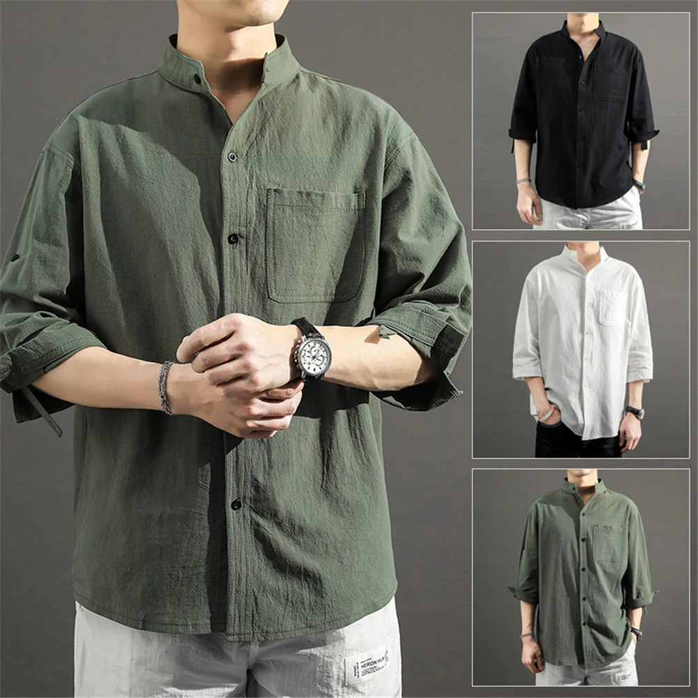 

Helisopus Plus Size Men's Shirts Japanese Three-Quarter Sleeve Solid Color Loose Shirt Cotton Linen Vintage Casual Chemise Tops