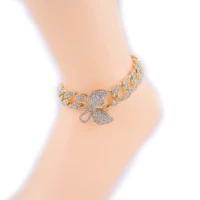 butterfly anklets iced out charm pendant hip hop miami cuban link chain feet leg girls jewelry rose gold silver color rap punk