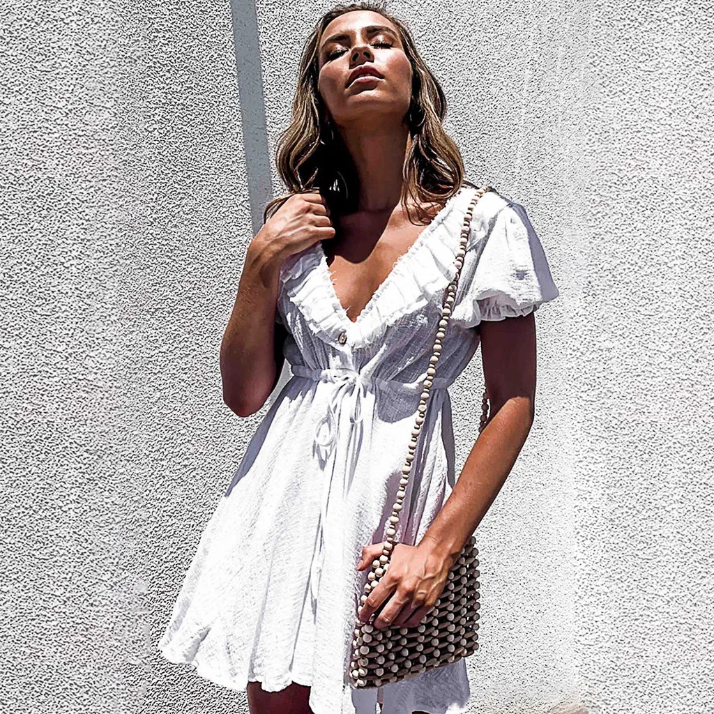 Женское летнее элегантное шифоновое платье с V-образным вырезом однотонное