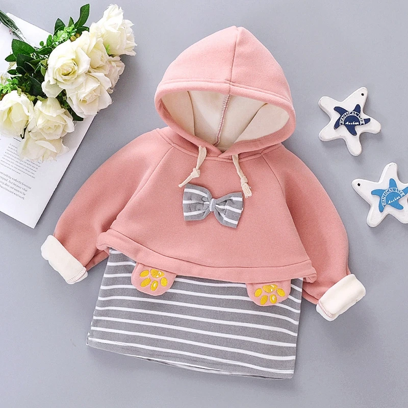 Зимний свитер для маленьких девочек плюшевые пальто с бантом флисовое платье