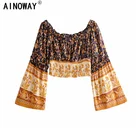 Винтажный шикарный женский топ с цветочным принтом в богемном стиле с открытыми плечами и рукавами летучая мышь, блузка, рубашка, блузки в стиле бохо