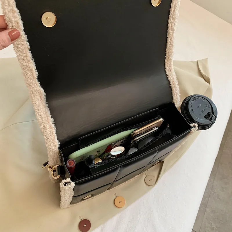 

Fashion Women Plush Square Tote Bag with Wide Strap High-quality PU Shoulder Bag Elegant Female Designer Diagonal Handbag Bulsos