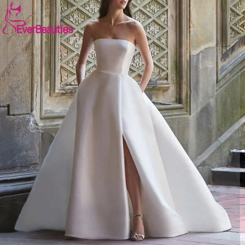 

Vestido De Noiva Sweetheart Wedding Dresses with Pockest 2020 Satin Bride Dress Wedding Gown Side Slit Robe De Mariee