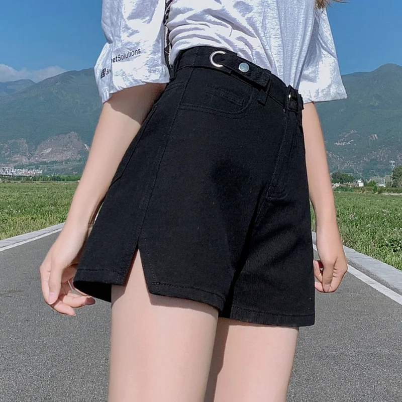 Шорты женские однотонные из денима с завышенной талией универсальные