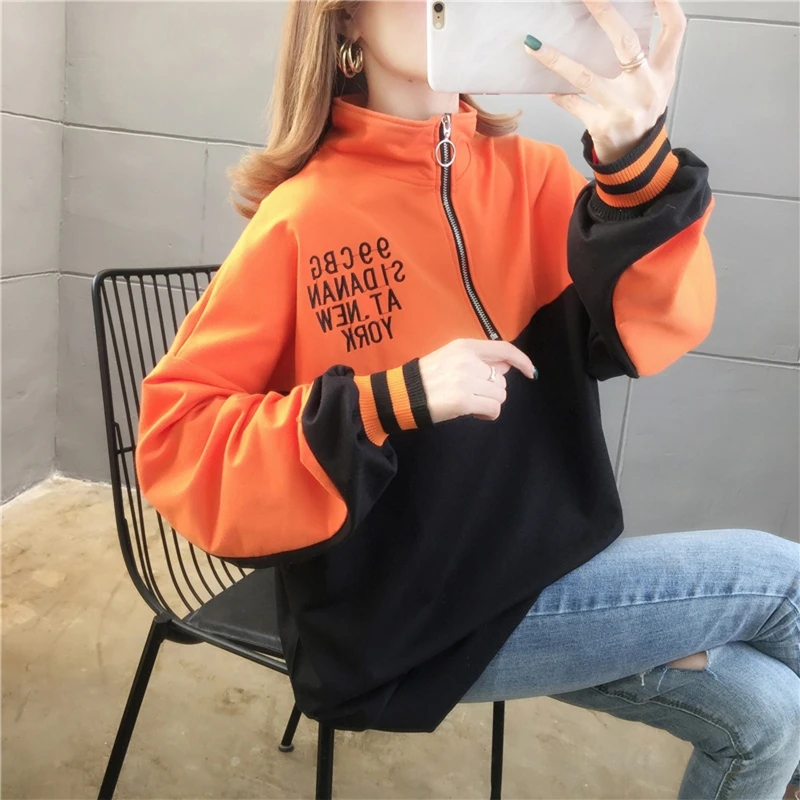 

Women Long Sleeves Stand-up Collar Zip Sweatshirt Letter Printing Loose Pullover BX0B
