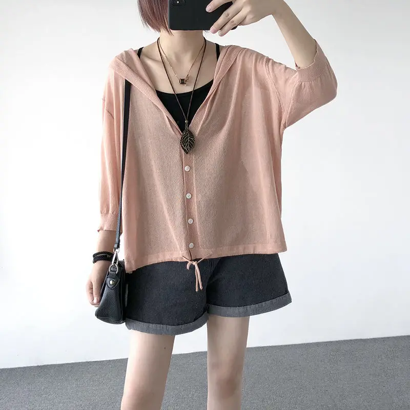 

Women 2021 Summer Casual Hooded Thin Linen Knitted Sweater Female Loose Cardigans Coat New Ladies Solid Color Outerwear L609