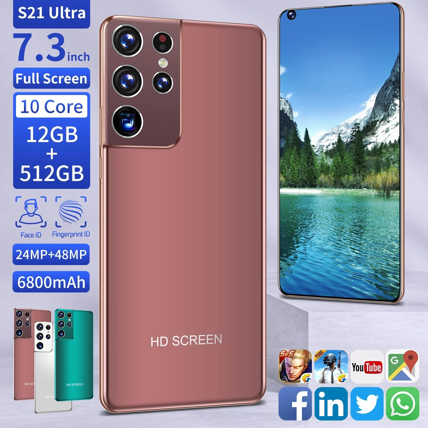 

Global Version S21 Ultra 7.3 Inch Cellphone 12GB+512GB MTK6889 10 Core 24+48MP Andriod 10 Phone Dual SIM 4G LTE 5G Smart Phone