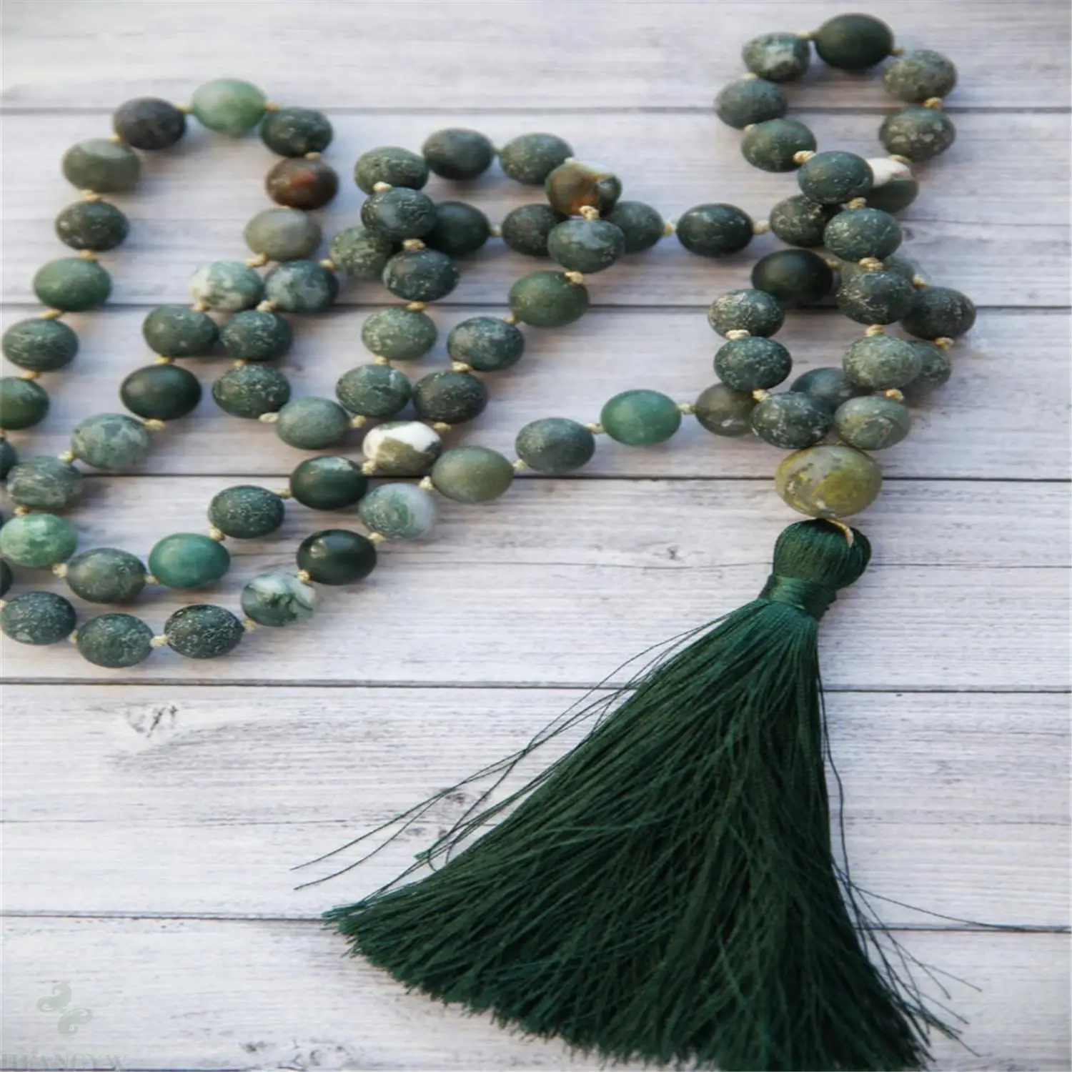 

8mm Green Moss Agate Gemstone 108 Beads Mala Necklace Tibetan Yoga Religious Prayer Mala Spiritua Retro Wristband